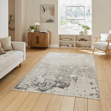 Mirage MR93 Modern Abstract Distressed Metallic Shimmer Soft Textured High-Density Polyester/Viscose Mix Low Profile Short Pile Grey/Beige/Cream Rug-Think Rugs-Rug Love - The Most Loved Rug Store